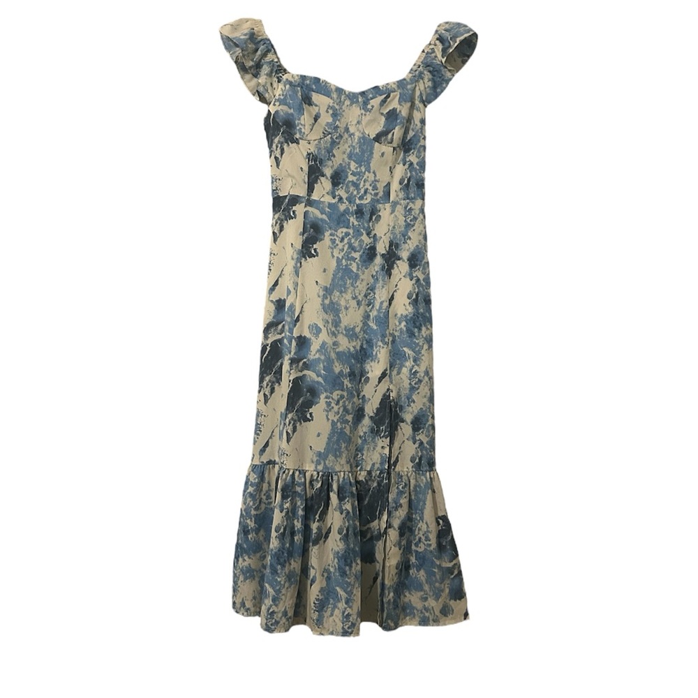 Sunday Blue and White Midi Dress with Ruffle Sleeves